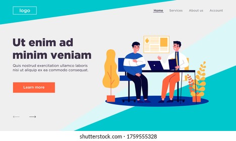 Young man suffering with heart disease. Cardiologist consulting patient in pain flat vector illustration. Healthcare and medicine concept for banner, website design or landing web page
