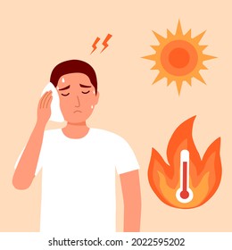 Young man suffering from heat stroke symptom. He got dizziness and sweaty in hot climate summer.