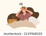 Young man is suffering from insomnia. Sleepless male is upset by waking up at night and can't sleep. Concept of suffering from insomnia, headache, stress, depressive mental illness. Flat vector.