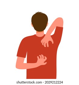 Young man suffering from itchy skin in flat design on white background. Guy scratching his back. Allergic skin problem.