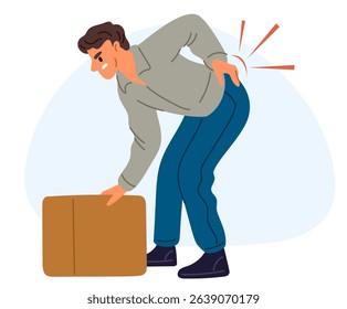 Young man suffering from lower back pain from improper weight lifting. Heavy box holding. Medical trauma. Painful illness symptom. Backbone inflammation. Backache problem