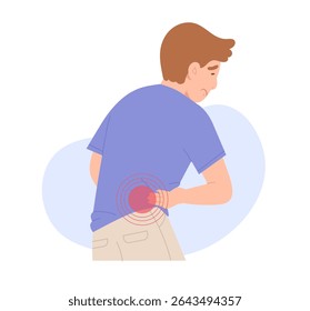 Young man is suffering from lower back pain. Backache caused by weak muscles or incorrect use of the muscles. Concept of office syndrome, back and spine injury. Flat vector illustration.