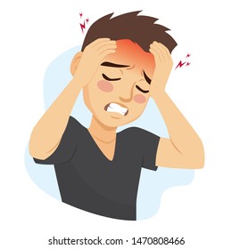 Jugendlicher mit Migräne-Kopfschmerz-Problem Kopfschmerzen mit Händen