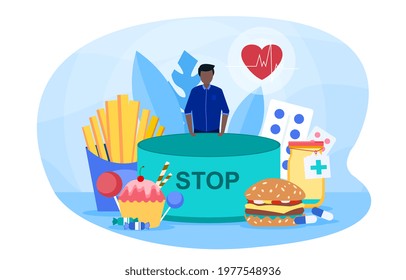 Young man is suffering with obesity and overeating. Male character is standing next to fat junk food. Concept of obesity, binge eating disorder and food addiction. Flat cartoon vector illustration.