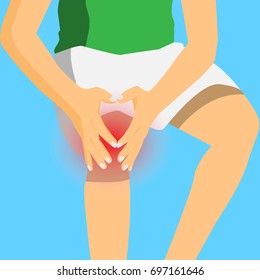 Young man suffering from pain in knee while running in the park, cartoon flat-style vector illustration.