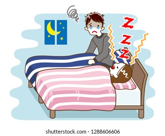 Young man suffering snore noise by his wife - sleep problem, contour style
