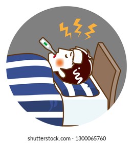 Young man suffers fever of disease - Circular clip art, contour