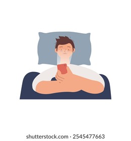 Young man suffers from insomnia. Mental problems. Male lying in bed, using and scrolling cellphone, can not relax. Modern vector illustration isolated on white background