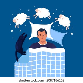 Young man suffers from insomnia. Person lying in bed trying to fall asleep and counting sheep. Male character with sleep disorder, sleeplessness, mental problem. Vector illustration