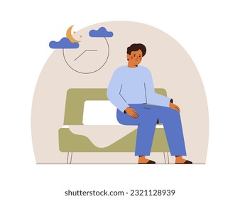 Young man suffers from insomnia. Worried teen boy sits on the bed at night and couldn't to sleep. Sleeplessness as a sign for psychological problem or depression. Vector illustration