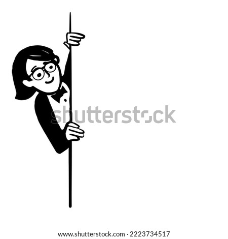 A young man in a suit with a bow tie looks out from around the corner. A place for text on the wall. Isolated vector illustration. A design element for postcards, posters, stickers, ads, social media.