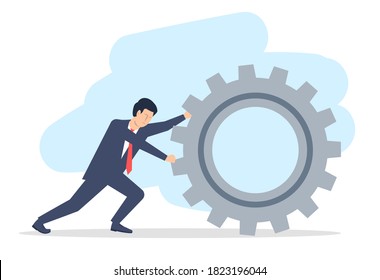 A young man in a suit, a businessman is rolling a big gear. The concept of labor and responsibility. Vector illustration