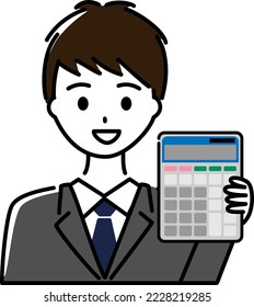 A young man in a suit with a calculator