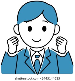 A young man in a suit doing a fist pump.