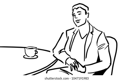 Young man in a suit drinking coffee or tea in restaurant. Black and white vector sketch. Simple drawing.
