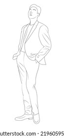 Young man in suit hands in pockets sketch vector illustration 