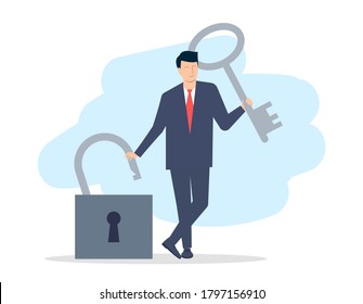 A young man in a suit holds a key and an open lock in his hands. Problem Resolution Concept. Vector illustration.