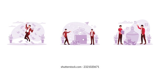 The young man in a suit jumps with the story and brings money. Two men are standing between wallets filled with money. Two men with clay boxes and money. Trend Modern vector flat illustration.