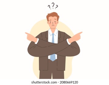 Young man in a suit makes choice by pointing her hands to the right and to the left. Difficult choice between two options. Making a decision.	