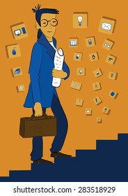 young man in suit with papers up the stairs
