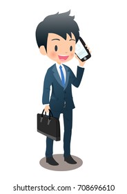 A young man in a suit shape uses a mobile phone while commuting to work