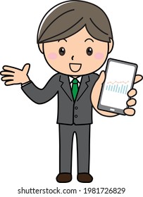 A young man in a suit showing a graph (stocks, sales, data, etc.) on a smartphone screen with a smile