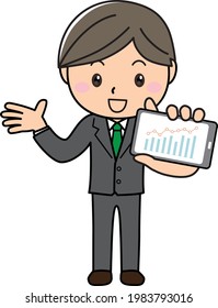 A young man in a suit showing a graph (stocks, sales, data, etc.) on a smartphone screen with a smile