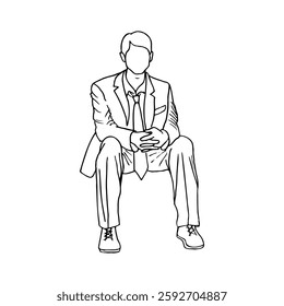 young man in suit sitting, portrait without face - hand drawn line art