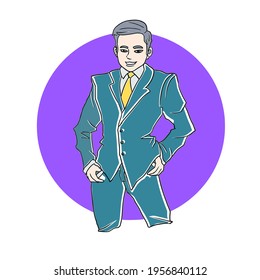 Young man in suit smiling. Half body illustration.