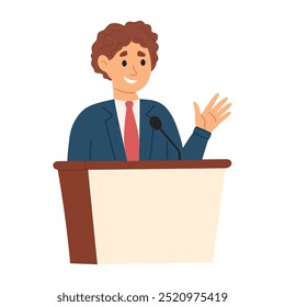 Young man in suit speaking from tribune vector illustration. Cartoon man speaking from tribune.