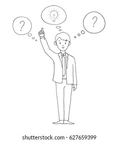 Young man in suit with speech balloons (idea, question mark). Vector illustration in a sketch style.