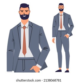 Young man in suit and tie isolated on white background. Business man, manager, office worker in flat style. Male character with beard smiling. Vector illustration.