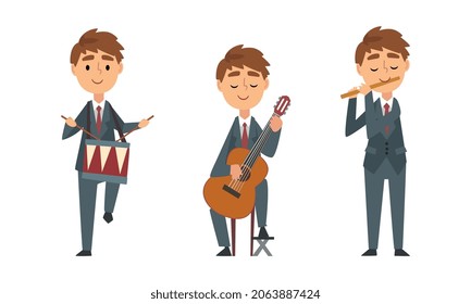 Young Man in Suit and Tie Playing Musical Instrument Performing Concert on Stage Vector Set