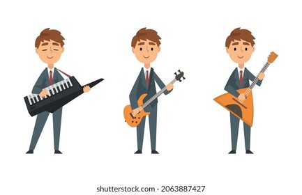 Young Man in Suit and Tie Playing Musical Instrument Performing Concert on Stage Vector Set