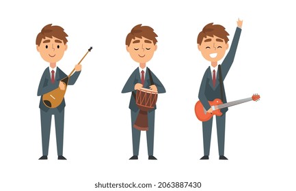 Young Man in Suit and Tie Playing Musical Instrument Performing Concert on Stage Vector Set