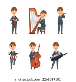Young Man in Suit and Tie Playing Musical Instrument Performing Concert on Stage Vector Set