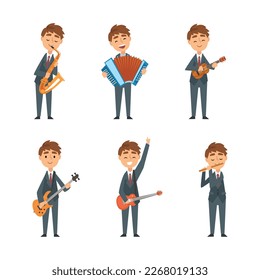 Young Man in Suit and Tie Playing Musical Instrument Performing Concert on Stage Vector Set