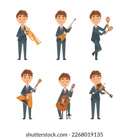 Young Man in Suit and Tie Playing Musical Instrument Performing Concert on Stage Vector Set