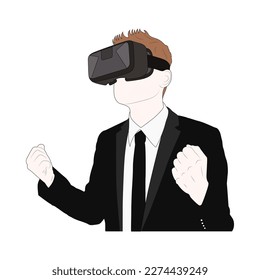 The young man in a suit with virtual reality glasses on his head isolated on white background