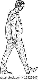 A young man in a suit walking alone. Hand drawn vector illustration. 