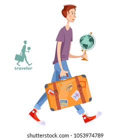 Young man with a suitcase and a globe. Travel concept. Vector illustration