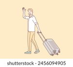 Young man with a Suitcase goes on vacation. Hand drawn style vector design illustrations.