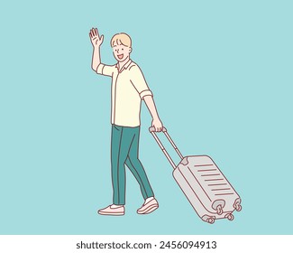 Young man with a Suitcase goes on vacation. Hand drawn style vector design illustrations.