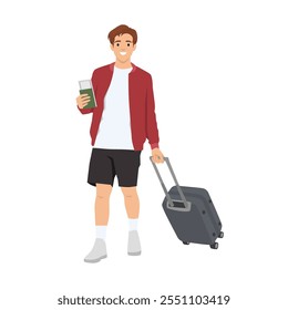 Jovem com uma Mala sai de férias segurando seu passaporte. Ilustração de vetor plano isolada no plano de fundo branco