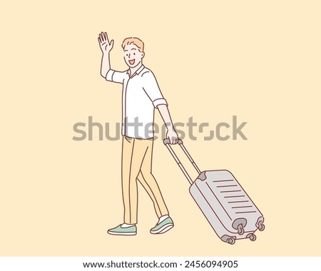 Young man with a Suitcase goes on vacation. Hand drawn style vector design illustrations.