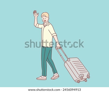 Young man with a Suitcase goes on vacation. Hand drawn style vector design illustrations.