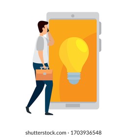 young man with suitcase and icons vector illustration design