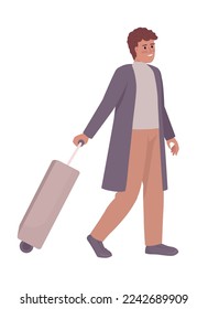 Joven con maleta de color semiplano de carácter vector. Figura editable. Persona de cuerpo entero sobre blanco. Viajar a ilustraciones simples de estilo de dibujos animados para diseño gráfico web y animación