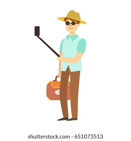 Young man with suitcase taking photos with smartphone and selfie stick. Colorful cartoon character isolated on a white background
