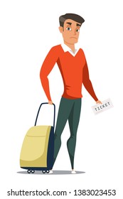 Joven con maleta y caracter plano.Viajando al extranjero. Turista en el aeropuerto antes del vuelo con equipaje , ilustración de caricaturas de equipaje. En el dibujo vectorial de vacaciones. Viaje de negocios